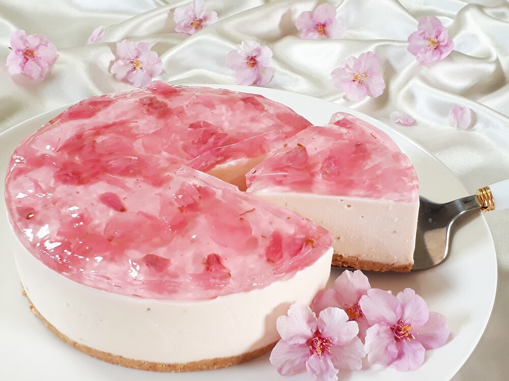 森永のゼラチンとマリーを使って Sakuraレアチーズケーキを作りました チーズケーキに桜あんを 上のゼリーの部分に桜の塩漬けを使っています 桜あんとクリームチーズの和と洋の組み合わせがとても美味しく エンゼルplus By 森永製菓